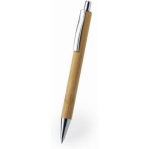 A bamboo push-action ball pen with a silver clip and tip. The pen features a natural bamboo finish.