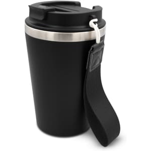 A drink bottle featuring a black recycled stainless steel body and a silver band, with a detachable strap and lid.