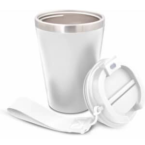 A drink bottle featuring a white body and stainless steel interior, accompanied by a lid and strap.