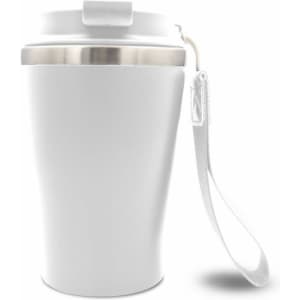 A drink bottle in white with a stainless steel lid and a handle. Features a logo on the side.