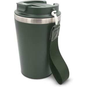 A drink bottle in dark green with a stainless steel base and a sturdy strap for carrying. It features a lid.