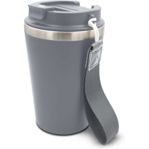 A drink bottle in grey with a stainless steel rim and a fabric strap for easy carrying. It features a logo.