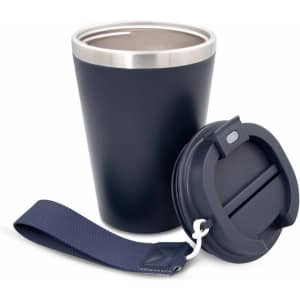 A drink bottle in navy with a stainless steel interior and a black lid, featuring a carry strap and logo.
