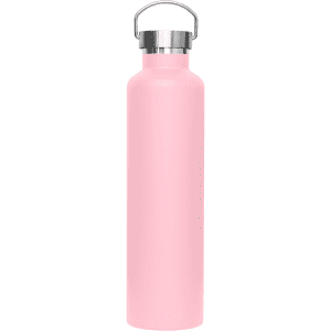 A drink bottle in a soft pink colour with a metal lid and a logo.