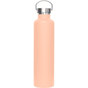 A drink bottle in a soft peach colour with a metal lid and a logo on it.