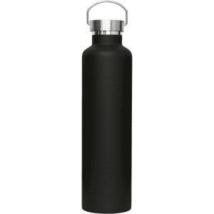 A drink bottle in matte black with a metal lid and a handle. Includes a logo on the side.