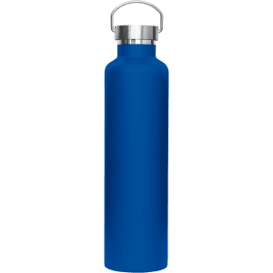 A drink bottle in vibrant blue with a stainless steel metal lid and a sleek design. Features a logo.