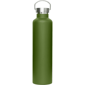 A drink bottle in olive green with a metal lid and a handle, featuring a logo.