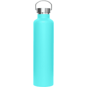 A drink bottle in a vibrant turquoise colour with a metal lid and a logo.