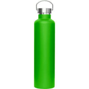A drink bottle in bright green with a metal lid and a built-in handle. Features a simple, sleek design.