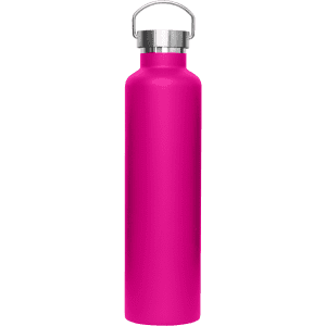 A drink bottle in bright pink with a metal lid and a handle, featuring a smooth finish and a logo.