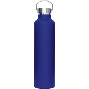 A drink bottle in deep blue with a metal lid and a sleek, cylindrical design. It features a logo.
