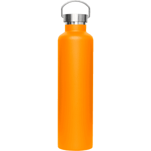 A drink bottle in vibrant orange with a silver metal lid and a logo on the side.