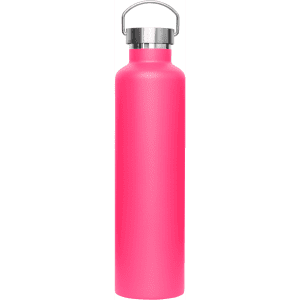 A drink bottle in vibrant pink with a metal lid and a handle, featuring a logo.