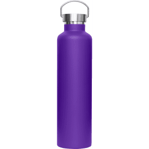 A drink bottle in vibrant purple with a metal lid and a handle. It has a smooth, matte finish.