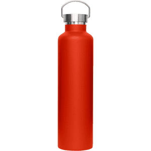 A drink bottle in bright red with a metal lid and a logo on the side.