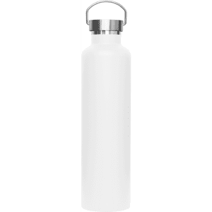 A drink bottle in white with a metal lid and a carry handle, featuring a logo on the body.