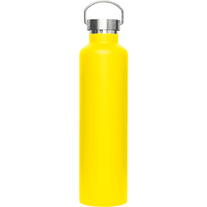 A drink bottle in bright yellow with a metal lid, featuring a sleek, cylindrical design and a logo.