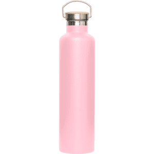 A drink bottle in a soft pink colour with a stainless steel lid and handle, featuring a logo.