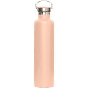 A drink bottle in a soft peach colour with a stainless steel lid and a handle, featuring a logo.