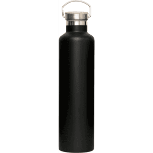 A drink bottle in matte black with a stainless steel lid and a handle. It has a sleek, modern design.