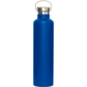 A drink bottle in a vibrant blue colour with a stainless steel lid and a carry handle. It has a logo on the front.