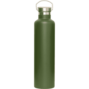 A drink bottle in olive green with a stainless steel lid and a carry handle. It features a logo on the body.