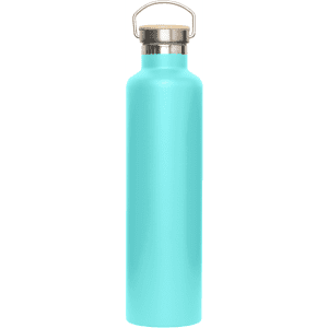 A drink bottle in a vibrant turquoise colour with a stainless steel lid and a handle, featuring a logo.