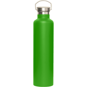A drink bottle in bright green with a stainless steel top and bamboo lid. Features a logo.