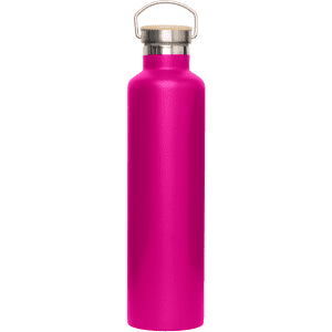 A drink bottle in vibrant pink with a stainless steel neck and a bamboo lid, featuring a branding logo.