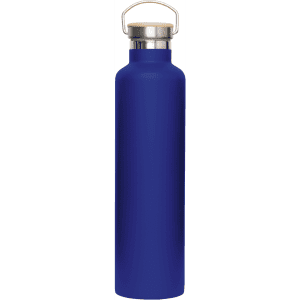 A drink bottle in a deep blue colour, featuring a stainless steel cap and a bamboo lid, with a logo embossed on it.