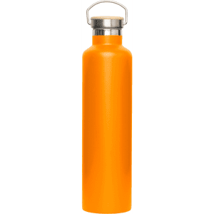 A drink bottle in bright orange with a stainless steel lid and a handle. Features a logo on the side.