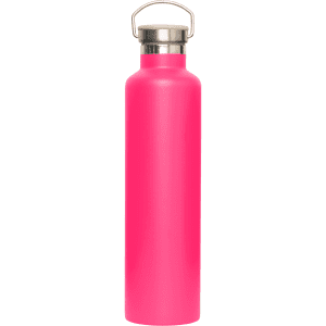 A drink bottle in vibrant pink with a stainless steel lid and a handle. It features a logo.