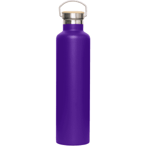 A drink bottle in a vibrant purple colour with a stainless steel lid and a handle. It features a logo.