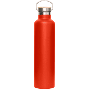 A drink bottle in a vibrant red colour with a stainless steel lid and a handle. It features a logo on the front.