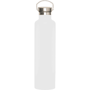 A drink bottle in matte white with a stainless steel lid and bamboo accent, featuring a carrying loop.