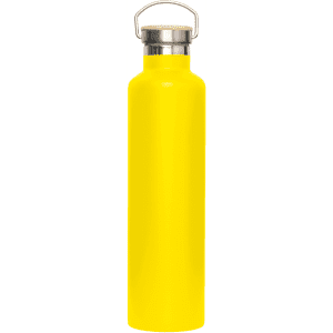 A drink bottle in bright yellow with a stainless steel lid and a loop handle, featuring a logo.