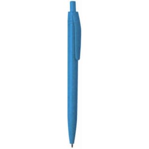 A blue push-up ball pen made from wheat straw, featuring a click mechanism and a clip. It has branding on the side.