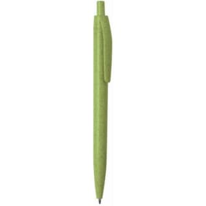 A green push-up ball pen made from wheat straw, featuring a clip and a branded logo.