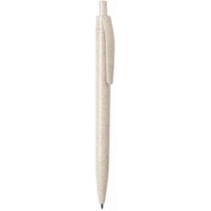 A wheat straw push-up ball pen in light beige colour, featuring a clip and a logo.