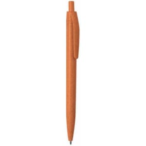 An orange push-up ball pen made from wheat straw, featuring a clip and a sleek design. It has a logo on the surface.