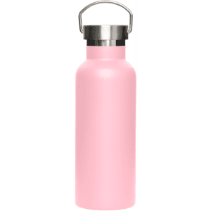 A drink bottle in pink with a stainless steel lid and a carrying handle; features a logo.
