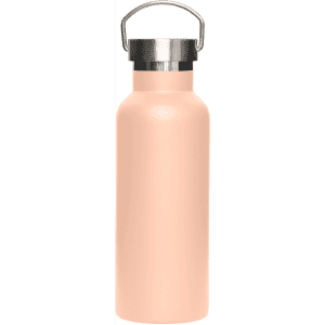 A drink bottle in a soft peach colour with a metal lid and a handle, featuring a logo.