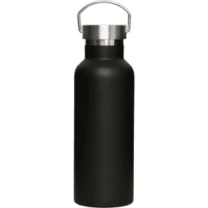 A drink bottle in black with a stainless steel lid and handle, featuring a logo. Suitable for beverages.