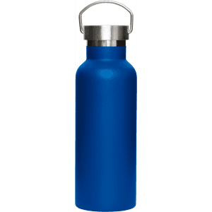 A drink bottle in a vibrant blue colour with a metal lid and a carry handle. It features a logo.