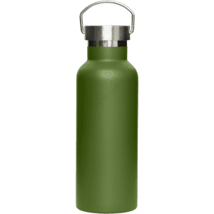 A drink bottle in a matte green finish with a metal lid and a handle. It features a logo on the body.