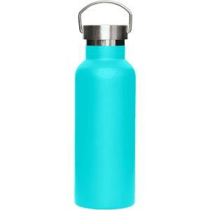 A drink bottle in vibrant turquoise with a metal lid and a handle, featuring a logo on the side.
