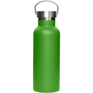 A drink bottle in vibrant green with a metal lid and a handle. It features a simple design and smooth finish.