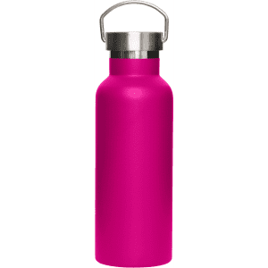 A drink bottle in vibrant pink with a metal lid and a handle. Features a logo on the surface.