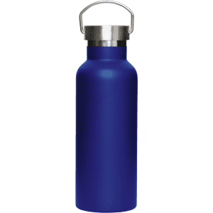 A drink bottle in a vibrant blue colour with a stainless steel lid and a handle. It features a logo.